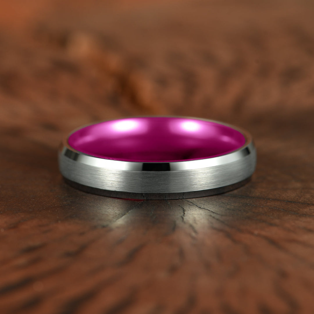 Pristine Passion Fuchsia Interior Silver Tungsten Wedding Band 4MM - Rings By Pristine