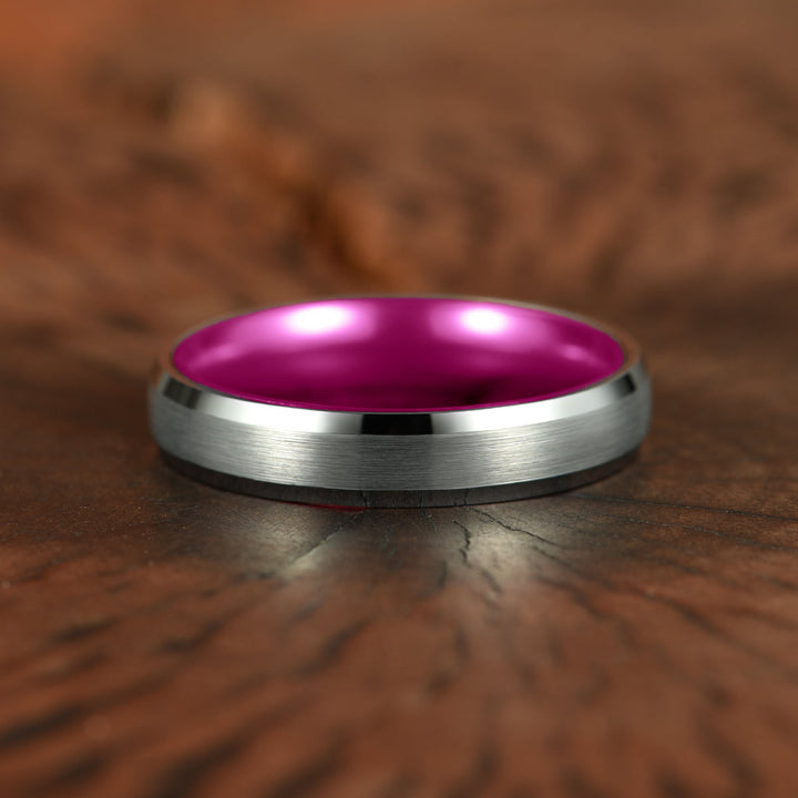 Pristine Passion Fuchsia Interior Silver Tungsten Wedding Band 4MM - Rings By Pristine