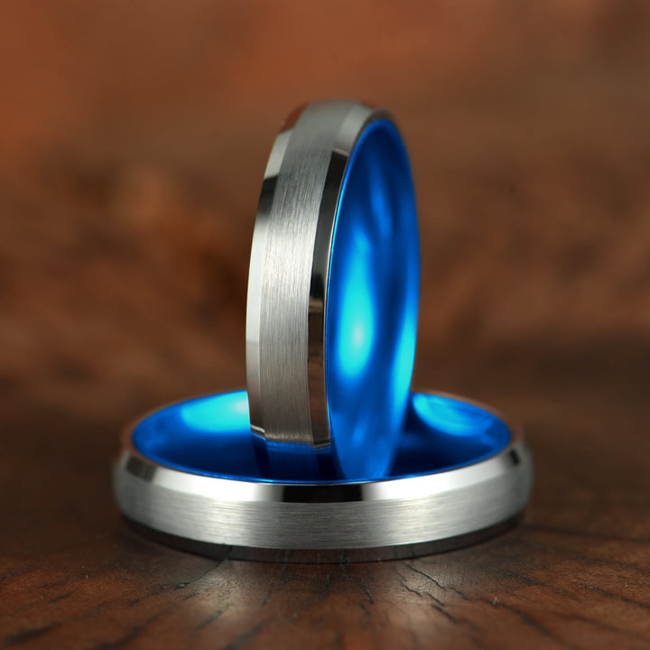 Pristine Passion Blue Interior Silver Tungsten Wedding Band 4MM - Rings By Pristine