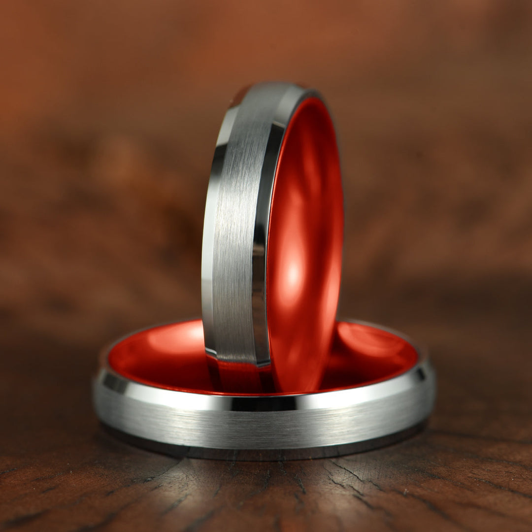 Pristine Passion Red Interior Silver Tungsten Wedding Band 4MM - Rings By Pristine