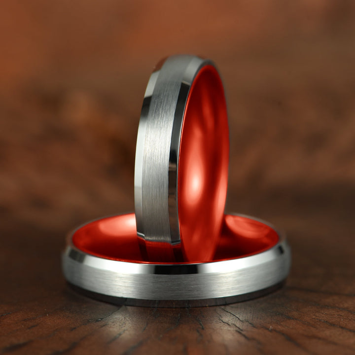 Pristine Passion Red Interior Silver Tungsten Wedding Band 4MM - Rings By Pristine
