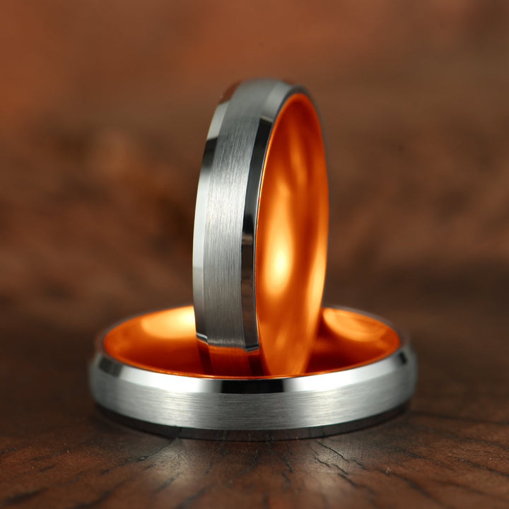 Pristine Passion Orange Interior Silver Tungsten Wedding Band 4MM - Rings By Pristine
