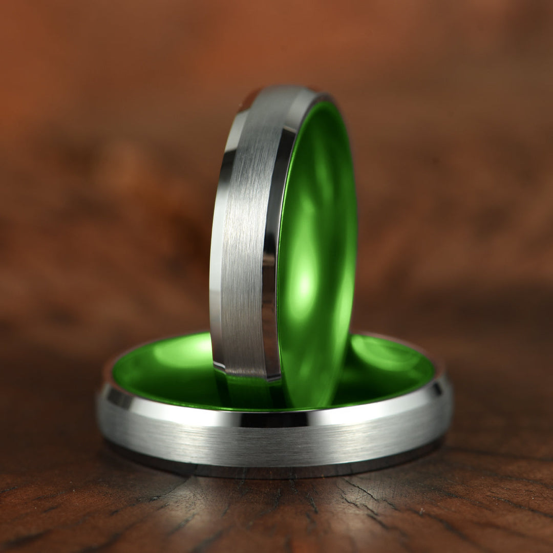 Pristine Passion Green Interior Silver Tungsten Wedding Band 4MM - Rings By Pristine