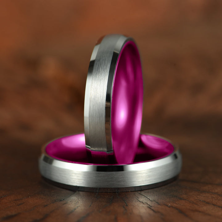 Pristine Passion Fuchsia Interior Silver Tungsten Wedding Band 4MM - Rings By Pristine