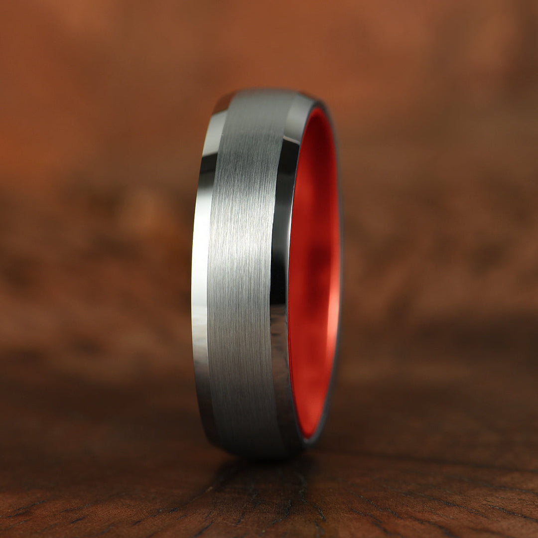 Pristine Passion Red Interior Silver Tungsten Wedding Band 6MM - Rings By Pristine