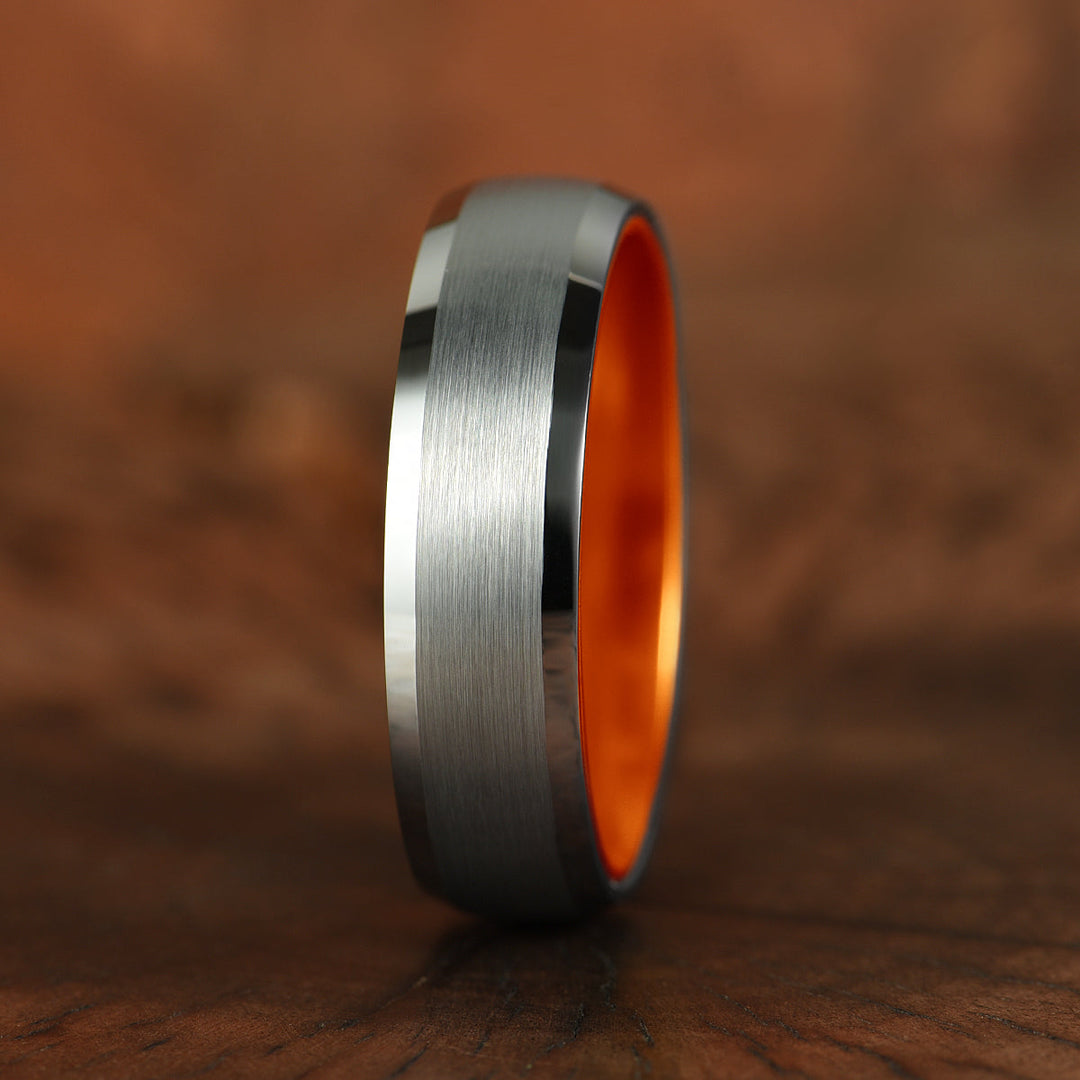 Pristine Passion Orange Interior Silver Tungsten Wedding Band 6MM - Rings By Pristine