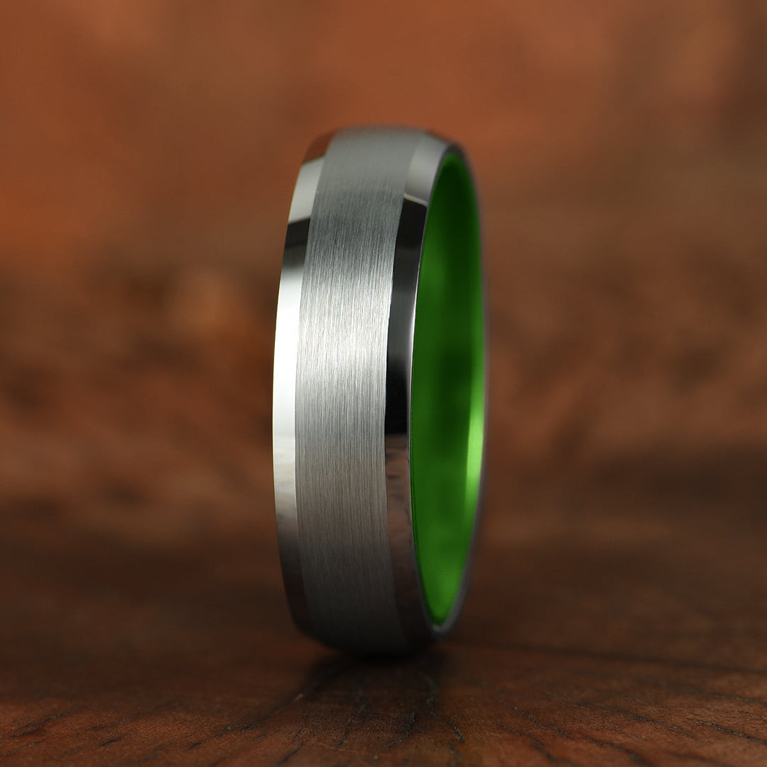 Pristine Passion Green Interior Silver Tungsten Wedding Band 6MM - Rings By Pristine