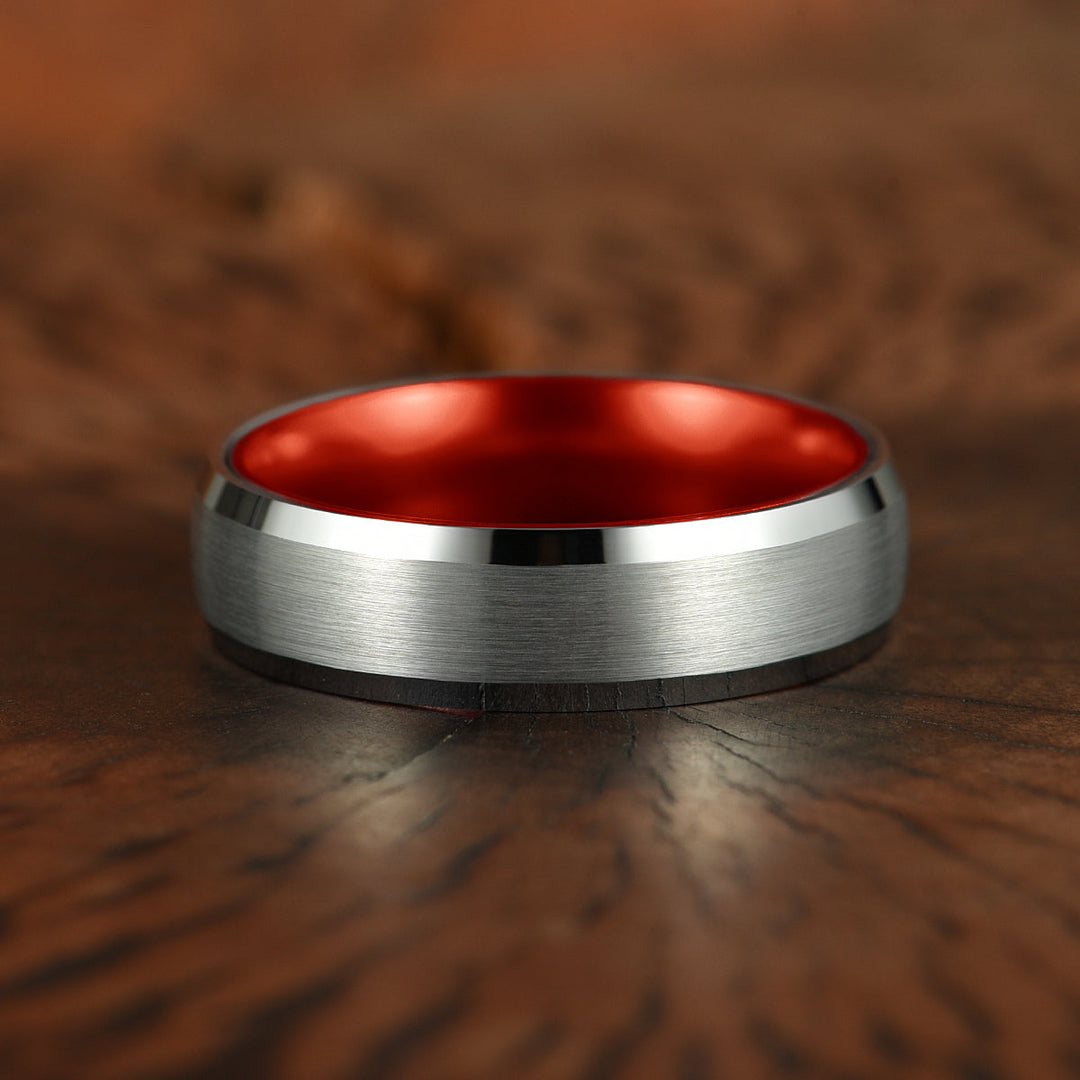 Pristine Passion Red Interior Silver Tungsten Wedding Band 6MM - Rings By Pristine