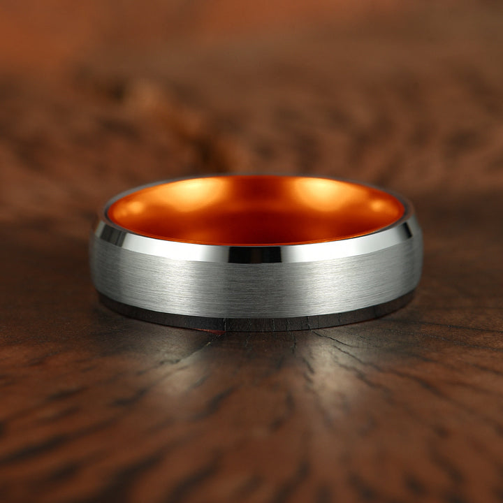 Pristine Passion Orange Interior Silver Tungsten Wedding Band 6MM - Rings By Pristine