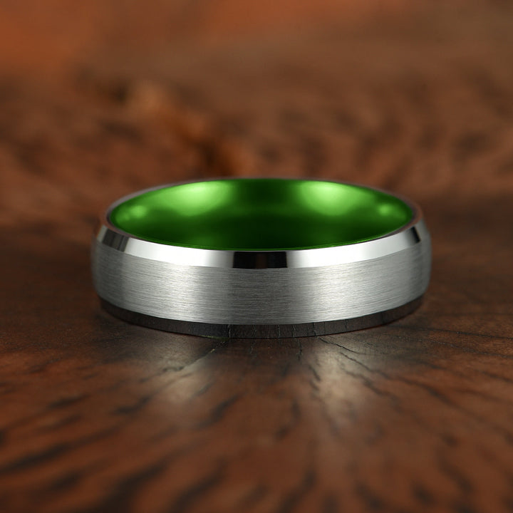 Pristine Passion Green Interior Silver Tungsten Wedding Band 6MM - Rings By Pristine