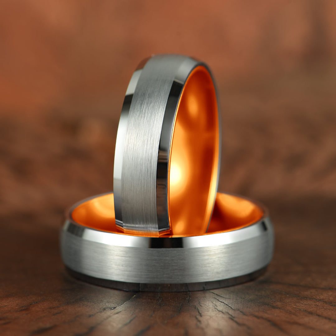 Pristine Passion Orange Interior Silver Tungsten Wedding Band 6MM - Rings By Pristine