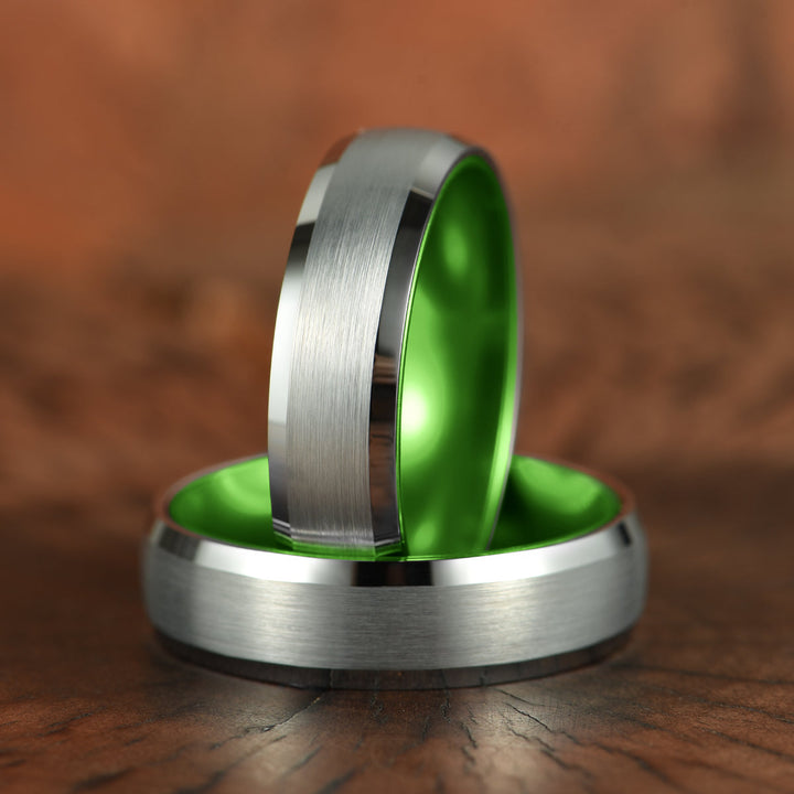 Pristine Passion Green Interior Silver Tungsten Wedding Band 6MM - Rings By Pristine