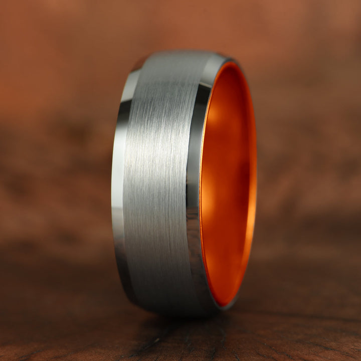 Pristine Passion Orange Interior Silver Tungsten Wedding Band 8MM - Rings By Pristine
