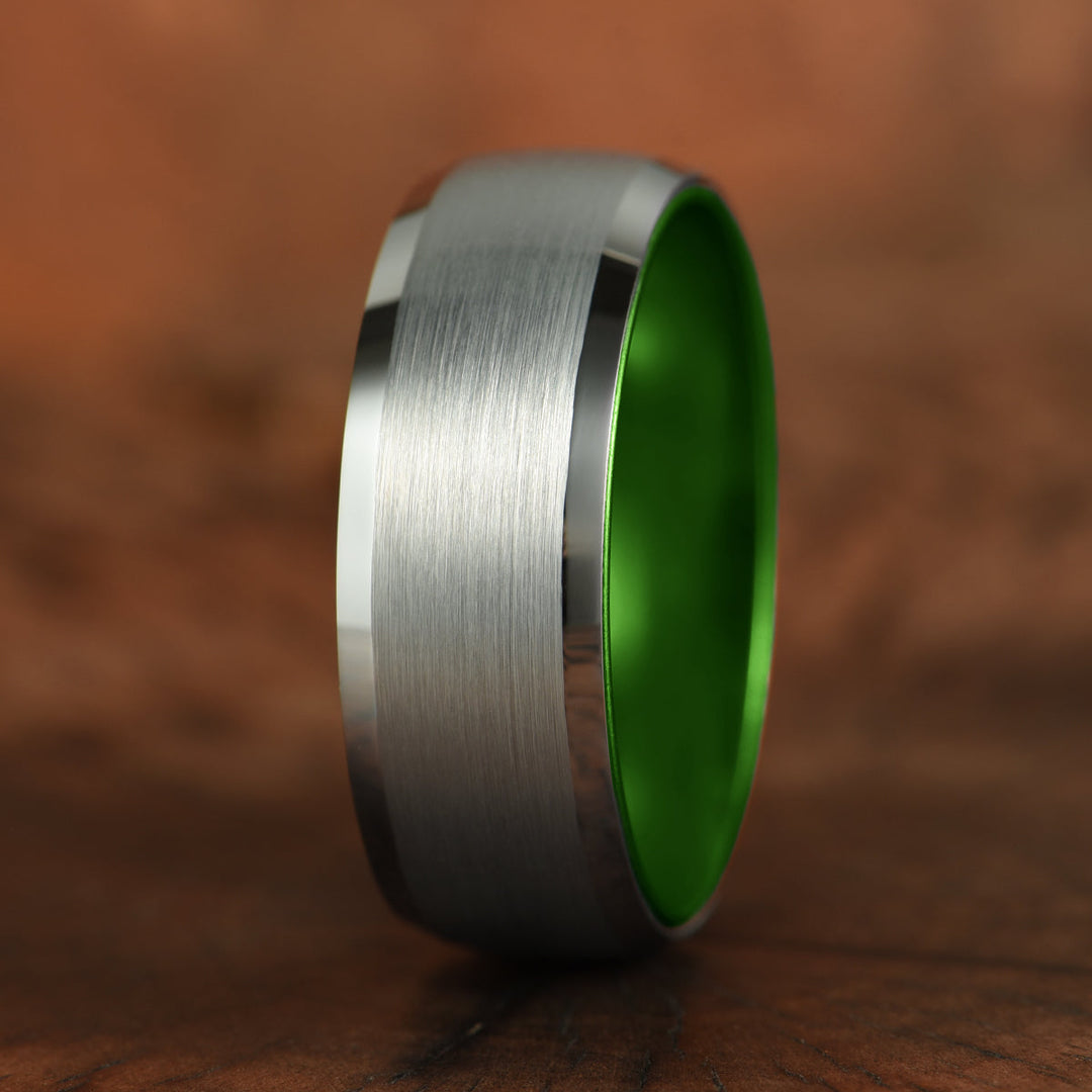Pristine Passion Green Interior Silver Tungsten Wedding Band 8MM - Rings By Pristine