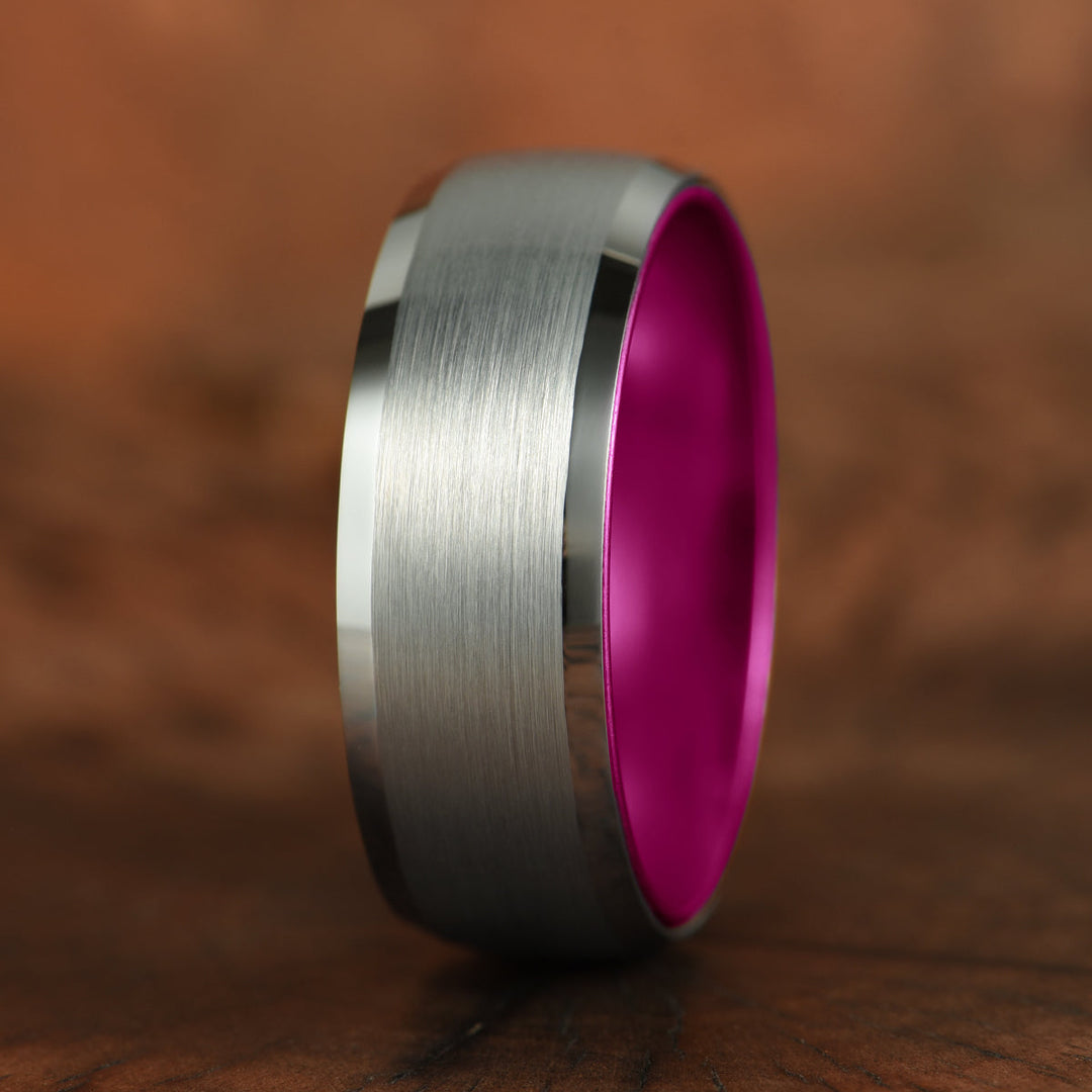 Pristine Passion Fuchsia Interior Silver Tungsten Wedding Band 8MM - Rings By Pristine