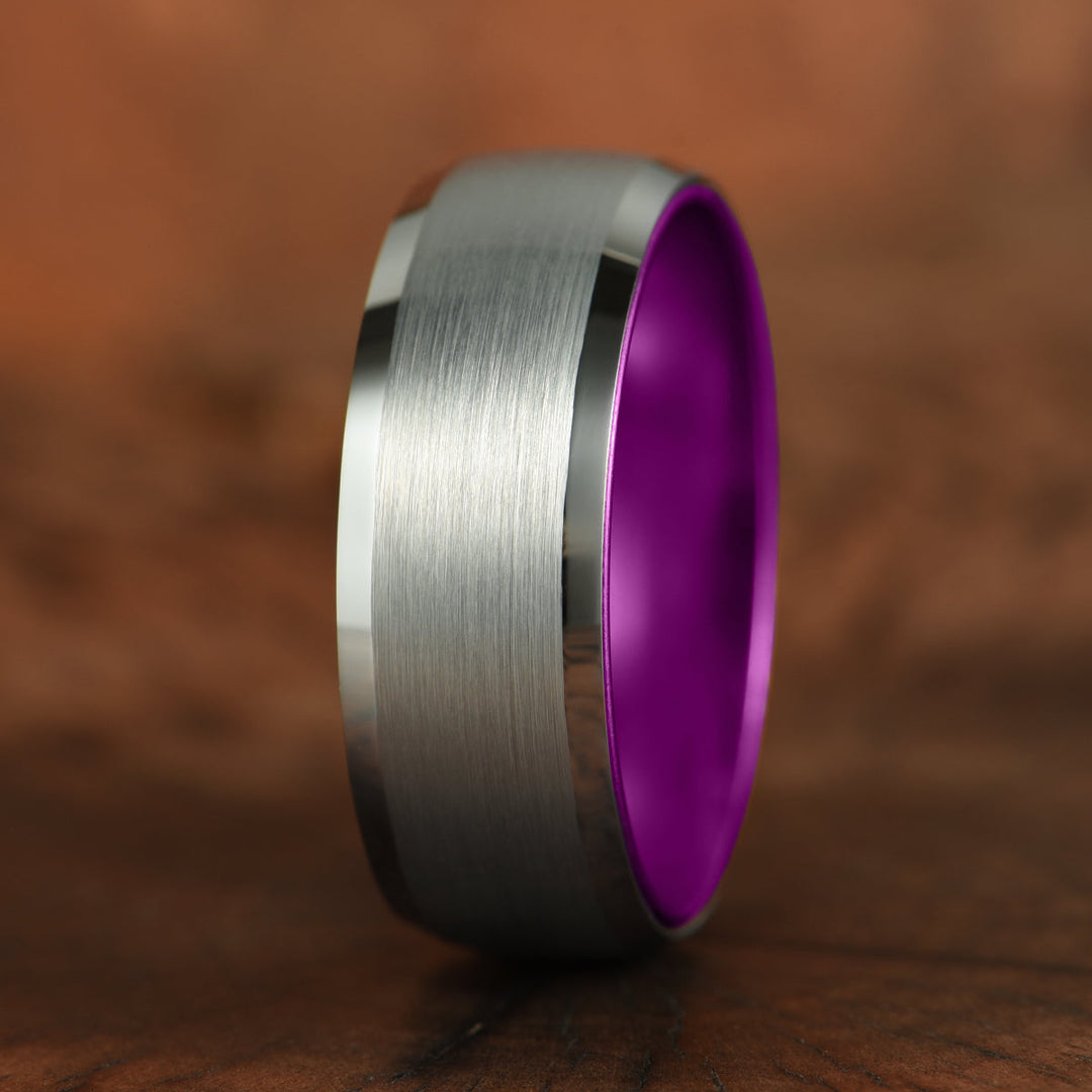 Pristine Passion Purple  Interior Silver Tungsten Wedding Band 8MM - Rings By Pristine