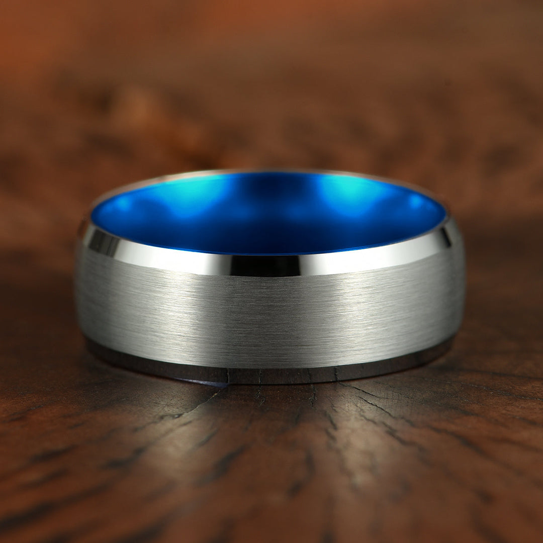 Pristine Passion Blue Interior Silver Tungsten Wedding Band 8MM - Rings By Pristine