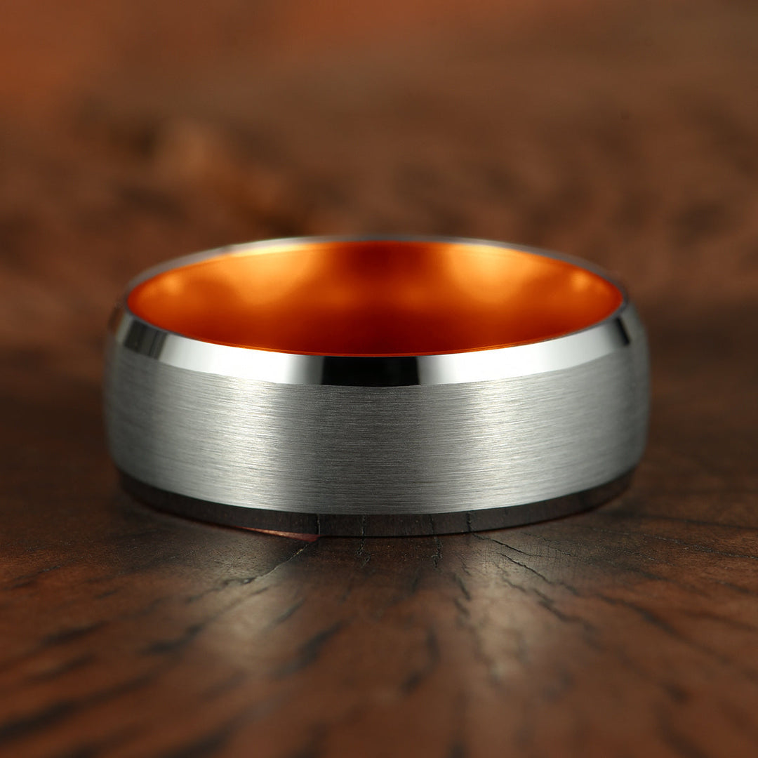 Pristine Passion Orange Interior Silver Tungsten Wedding Band 8MM - Rings By Pristine