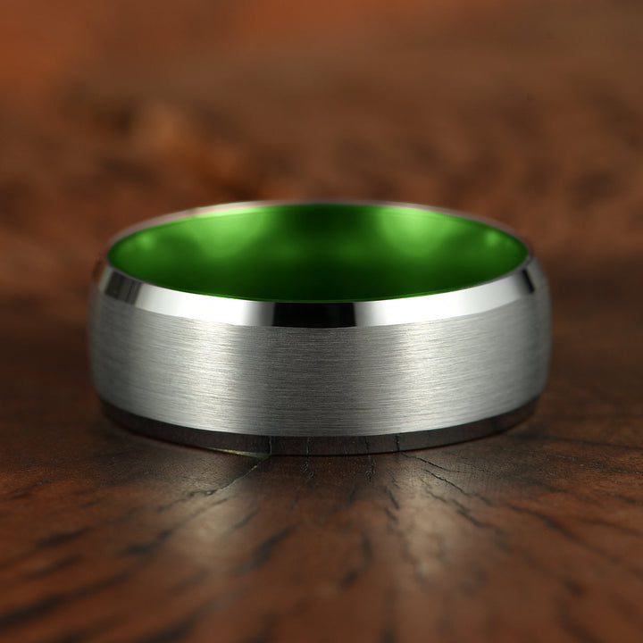 Pristine Passion Green Interior Silver Tungsten Wedding Band 8MM - Rings By Pristine