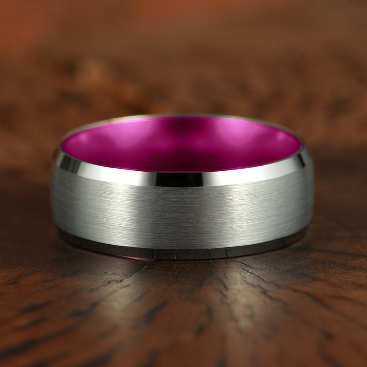 Pristine Passion Fuchsia Interior Silver Tungsten Wedding Band 8MM - Rings By Pristine