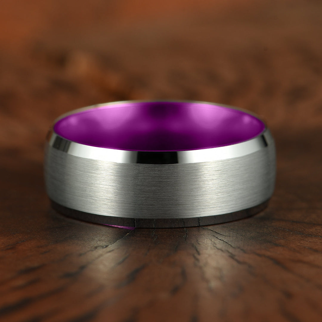 Pristine Passion Purple  Interior Silver Tungsten Wedding Band 8MM - Rings By Pristine