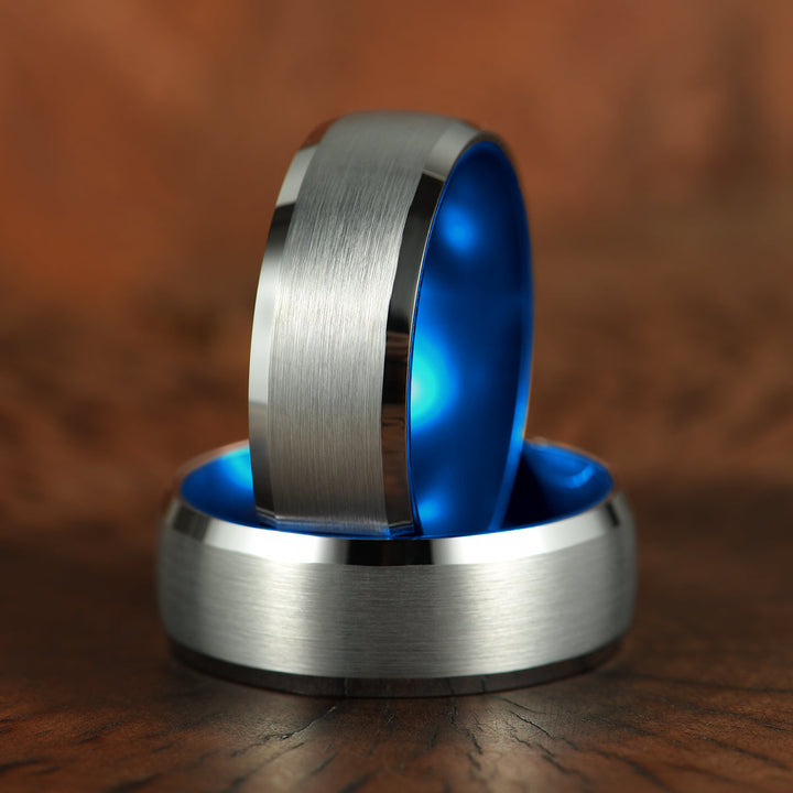 Pristine Passion Blue Interior Silver Tungsten Wedding Band 8MM - Rings By Pristine