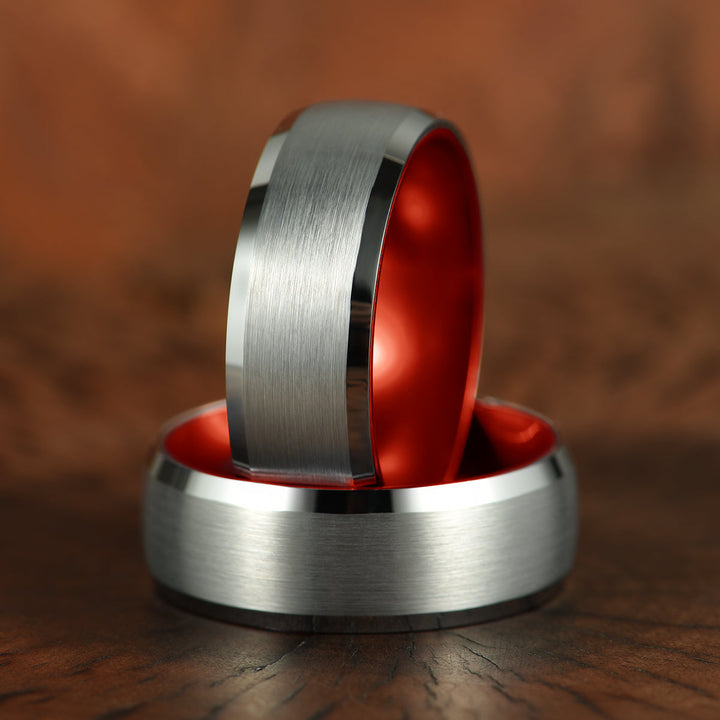 Pristine Passion Red Interior Silver Tungsten Wedding Band 8MM - Rings By Pristine