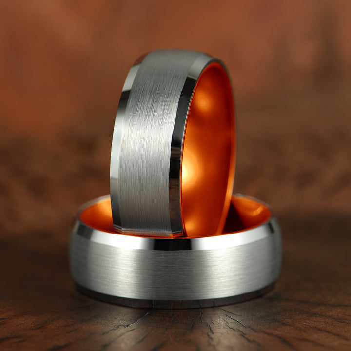 Pristine Passion Orange Interior Silver Tungsten Wedding Band 8MM - Rings By Pristine