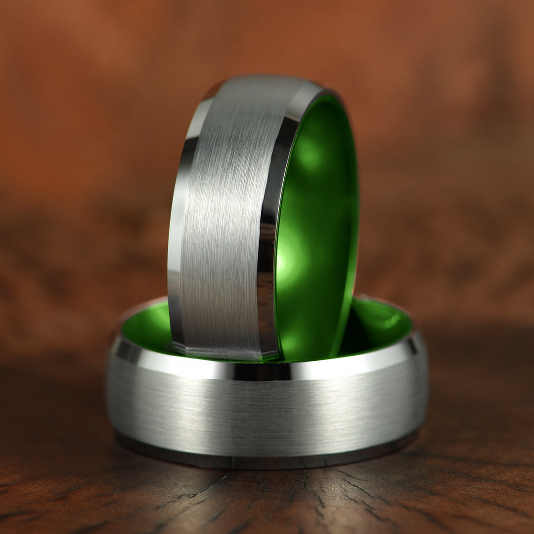 Pristine Passion Green Interior Silver Tungsten Wedding Band 8MM - Rings By Pristine