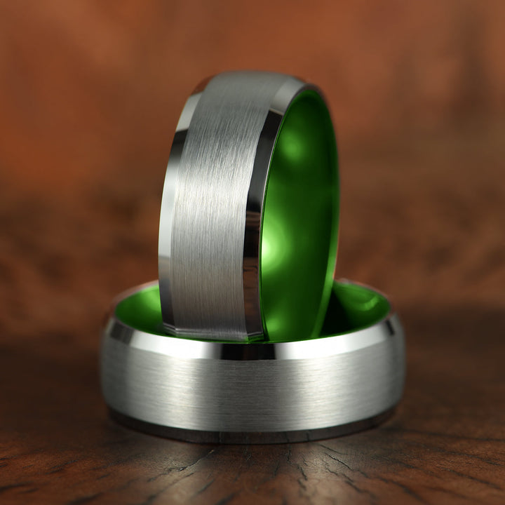 Pristine Passion Green Interior Silver Tungsten Wedding Band 8MM - Rings By Pristine