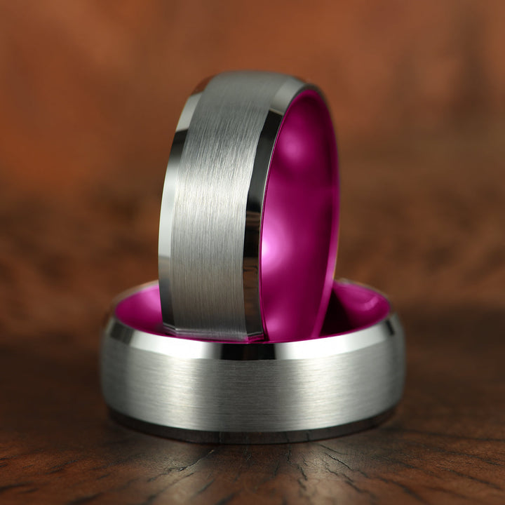 Pristine Passion Fuchsia Interior Silver Tungsten Wedding Band 8MM - Rings By Pristine