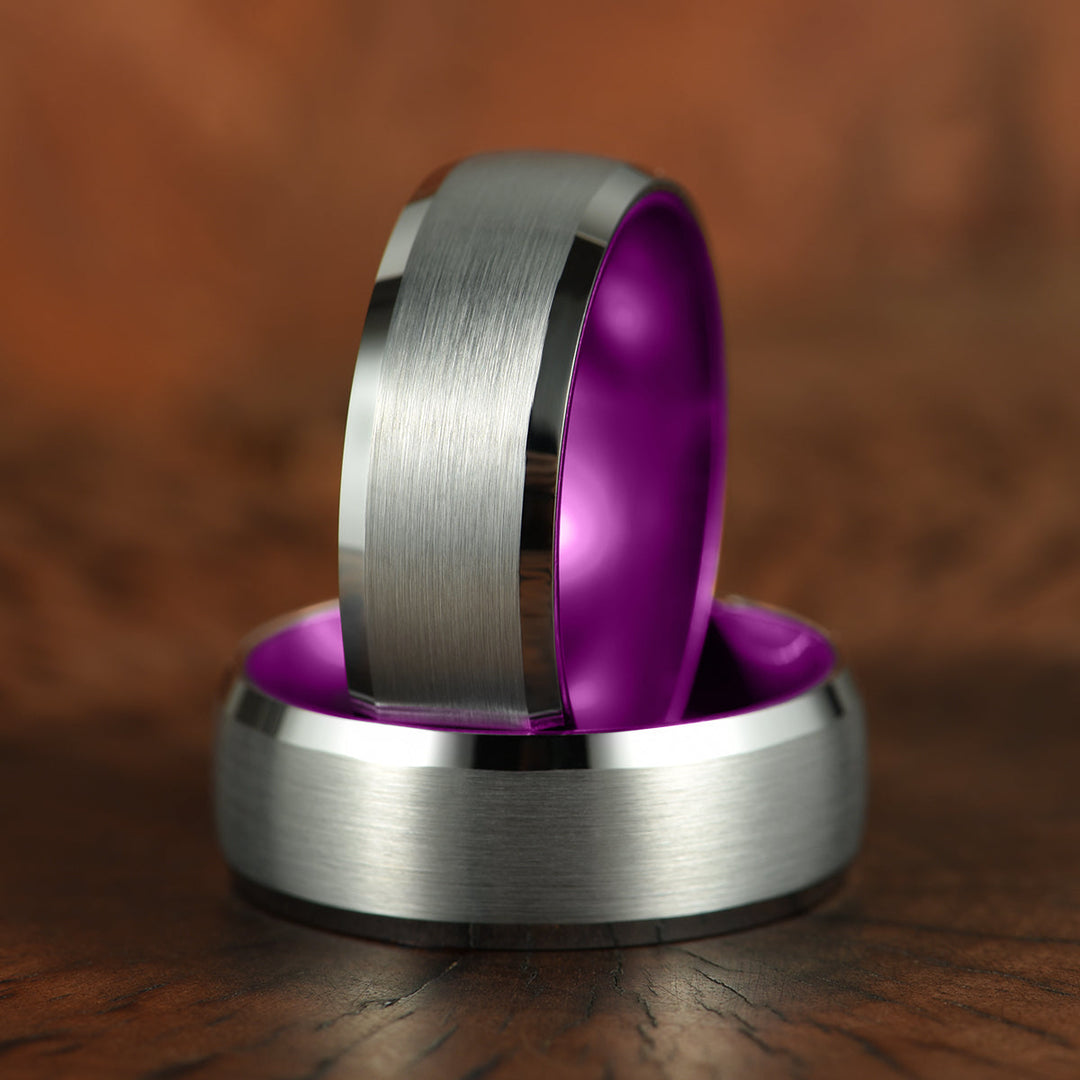 Pristine Passion Purple  Interior Silver Tungsten Wedding Band 8MM - Rings By Pristine