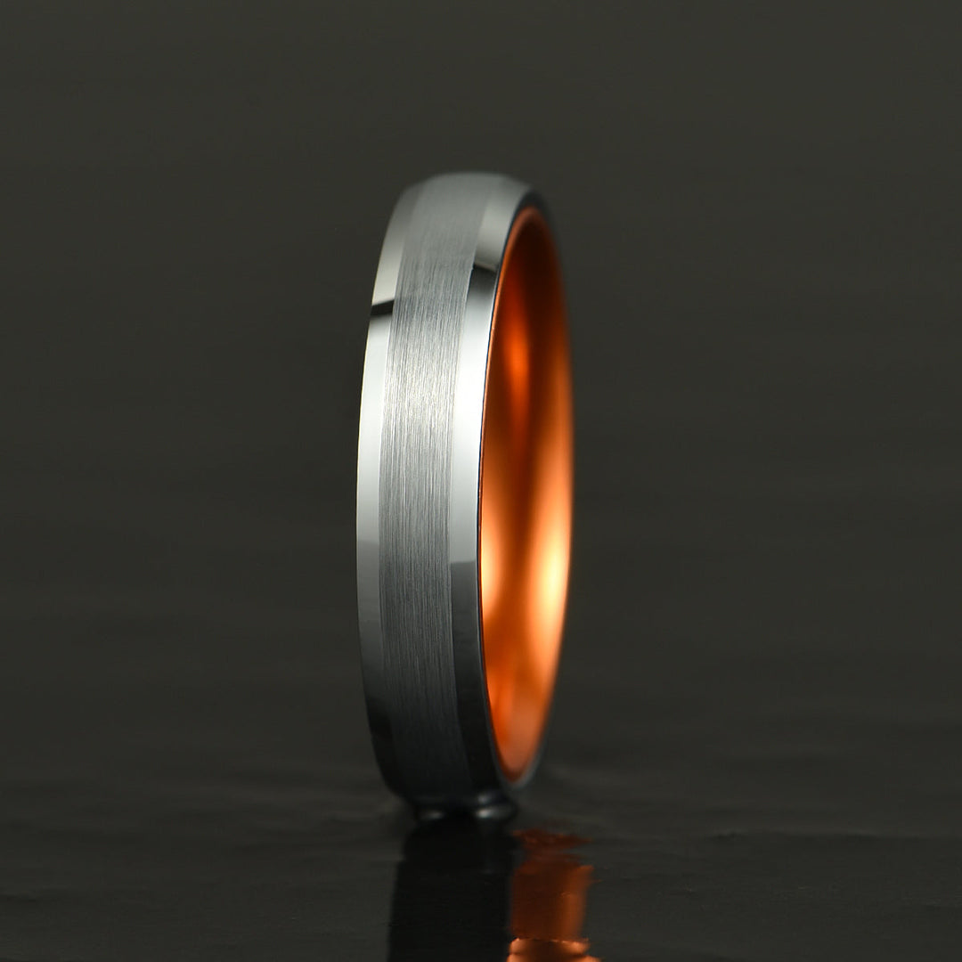 Pristine Passion Orange Interior Silver Tungsten Wedding Band 4MM - Rings By Pristine