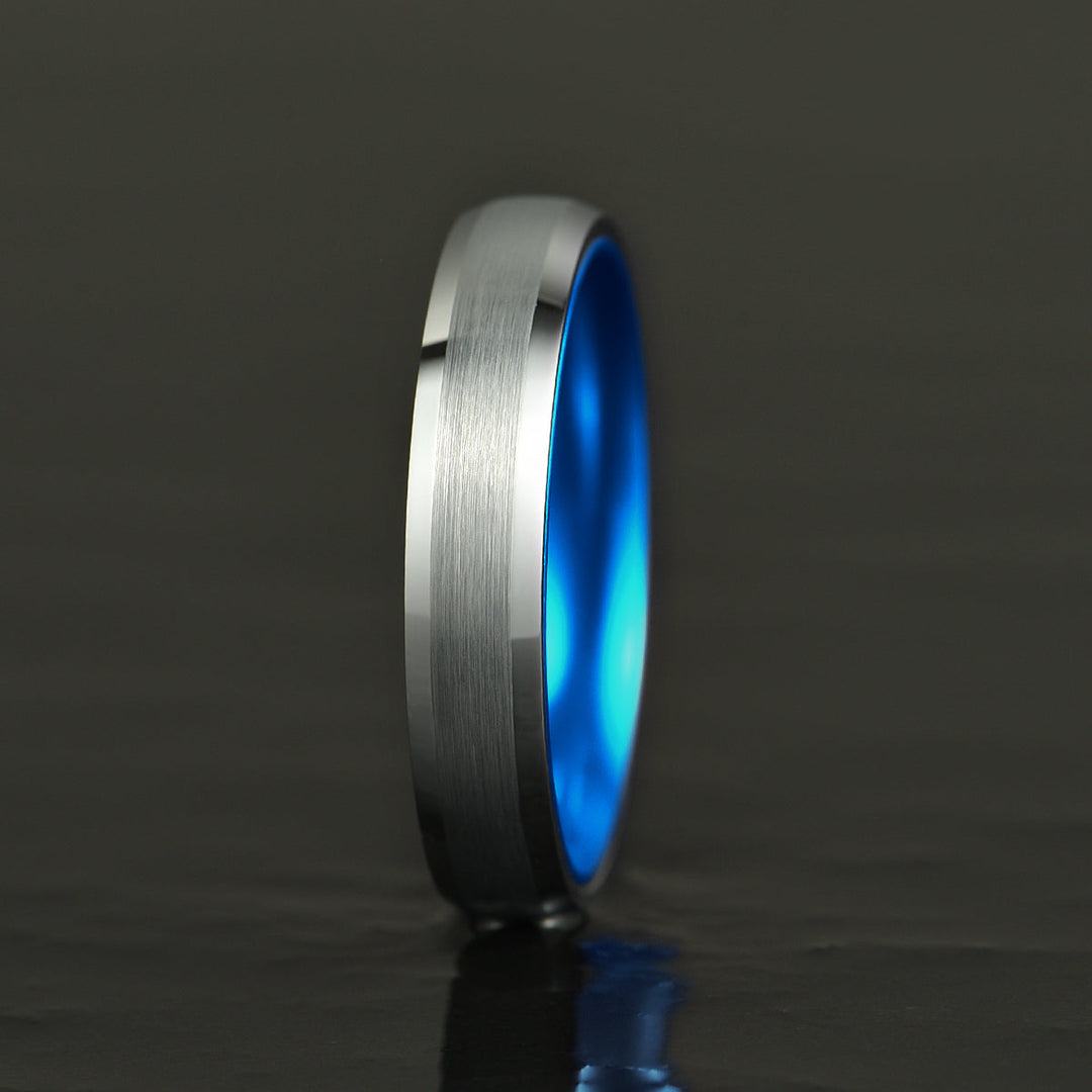 Pristine Passion Blue Interior Silver Tungsten Wedding Band 4MM - Rings By Pristine