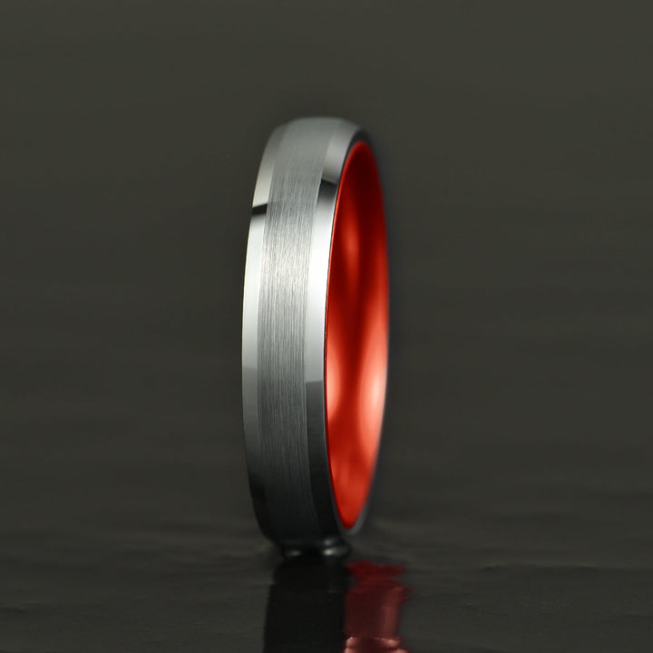 Pristine Passion Red Interior Silver Tungsten Wedding Band 4MM - Rings By Pristine