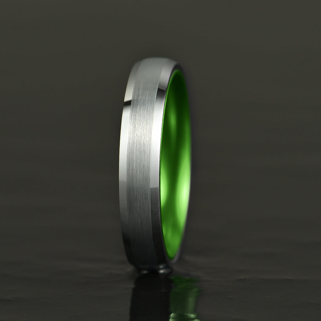 Pristine Passion Green Interior Silver Tungsten Wedding Band 4MM - Rings By Pristine