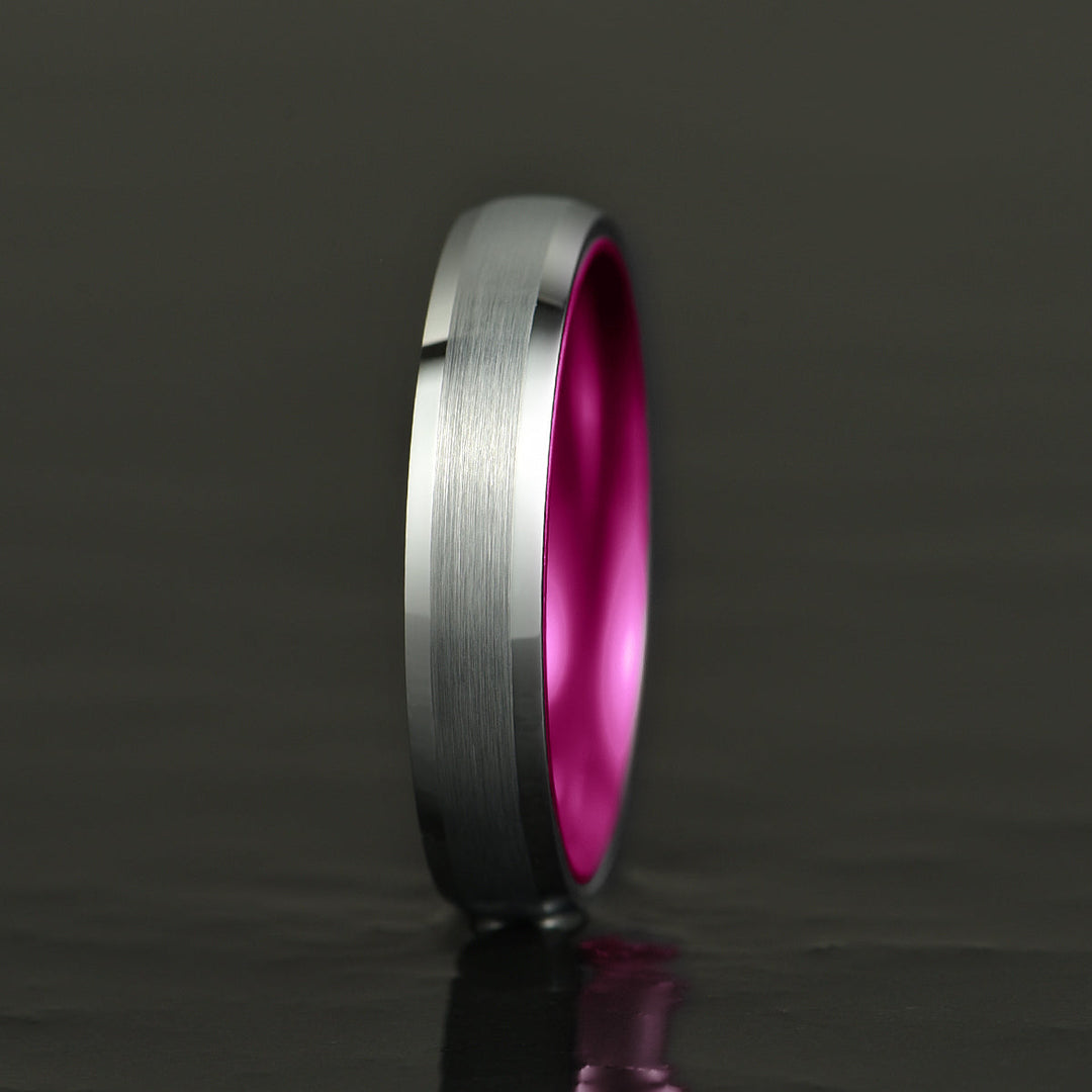 Pristine Passion Fuchsia Interior Silver Tungsten Wedding Band 4MM - Rings By Pristine