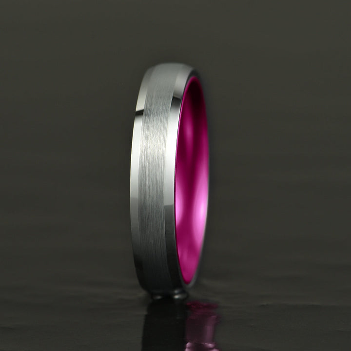 Pristine Passion Fuchsia Interior Silver Tungsten Wedding Band 4MM - Rings By Pristine