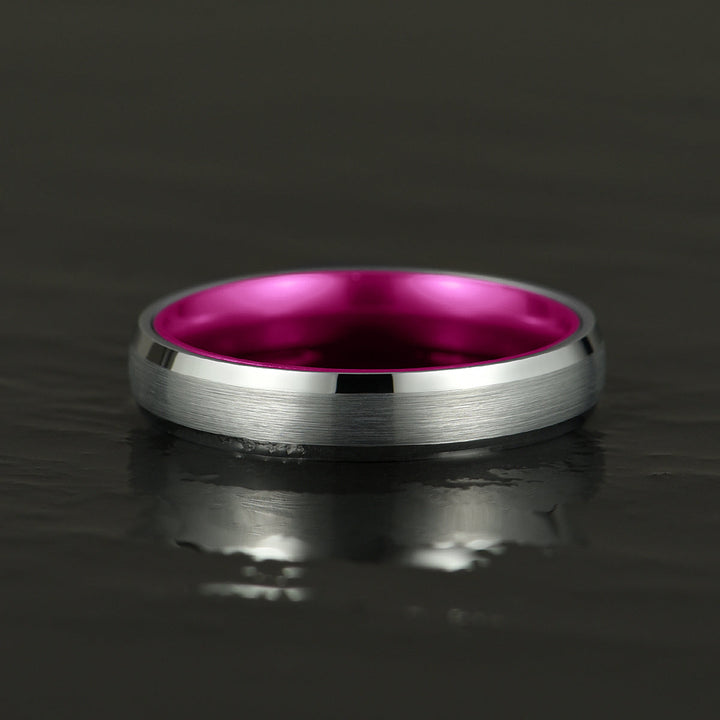 Pristine Passion Fuchsia Interior Silver Tungsten Wedding Band 4MM - Rings By Pristine