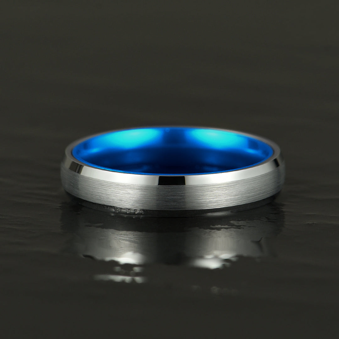 Pristine Passion Blue Interior Silver Tungsten Wedding Band 4MM - Rings By Pristine