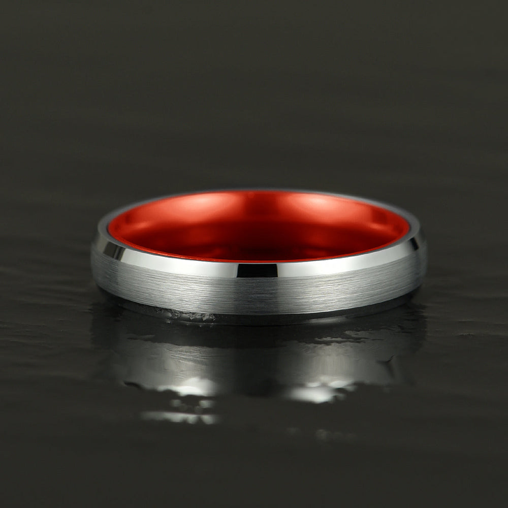 Pristine Passion Red Interior Silver Tungsten Wedding Band 4MM - Rings By Pristine
