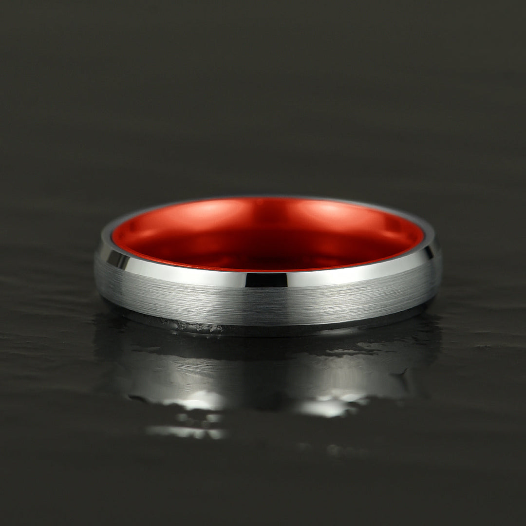 Pristine Passion Red Interior Silver Tungsten Wedding Band 4MM - Rings By Pristine