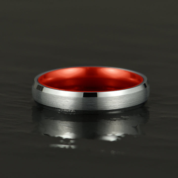 Pristine Passion Red Interior Silver Tungsten Wedding Band 4MM - Rings By Pristine