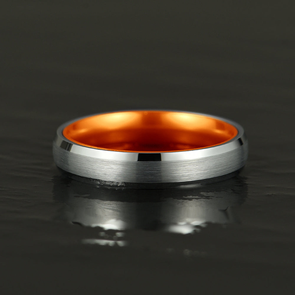 Pristine Passion Orange Interior Silver Tungsten Wedding Band 4MM - Rings By Pristine