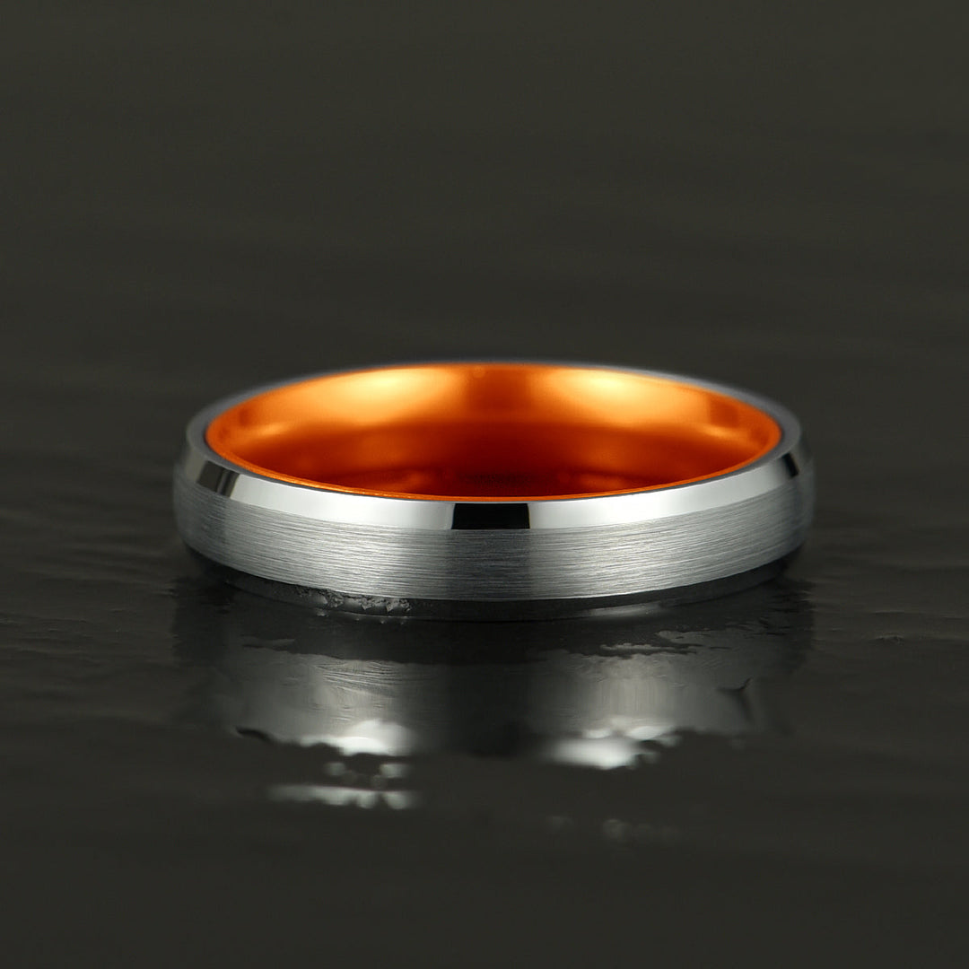 Pristine Passion Orange Interior Silver Tungsten Wedding Band 4MM - Rings By Pristine