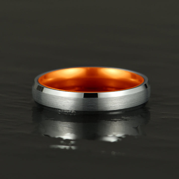 Pristine Passion Orange Interior Silver Tungsten Wedding Band 4MM - Rings By Pristine