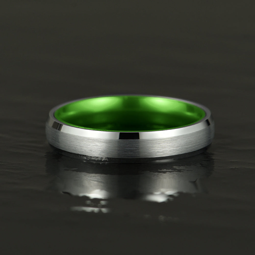 Pristine Passion Green Interior Silver Tungsten Wedding Band 4MM - Rings By Pristine