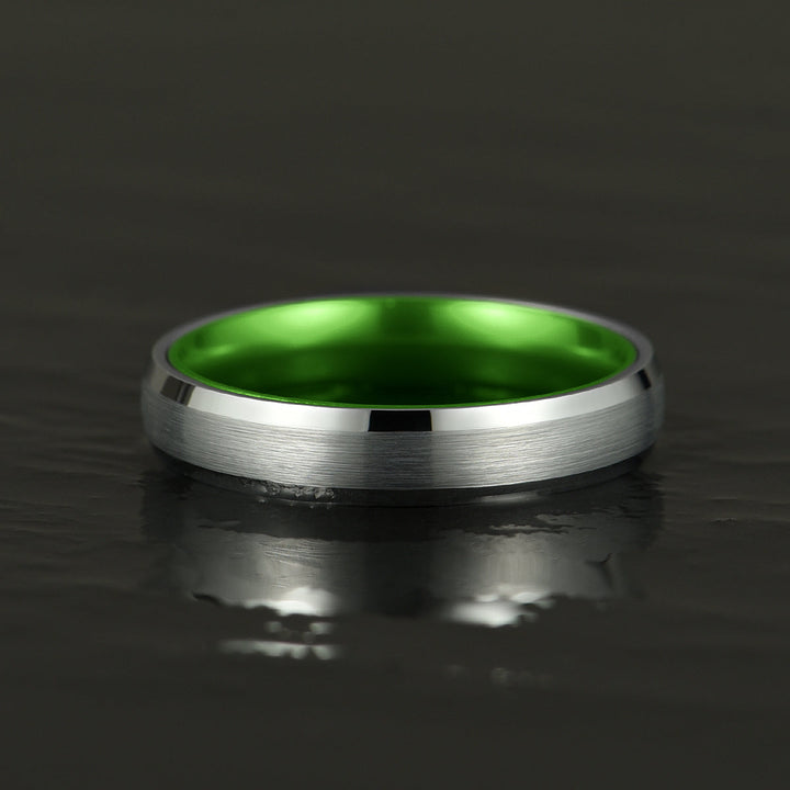 Pristine Passion Green Interior Silver Tungsten Wedding Band 4MM - Rings By Pristine
