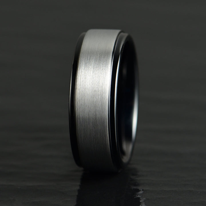 Black Tungsten Grey Tungsten Inlay Men's Wedding Band - Rings By Pristine