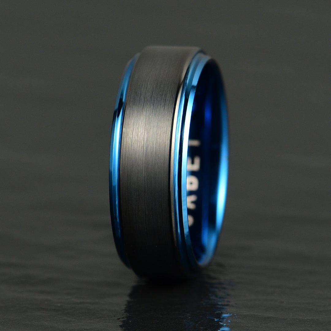 Black Tungsten Blue Colored Ring Passion Collection Men's Wedding Band 8MM - Rings By Pristine